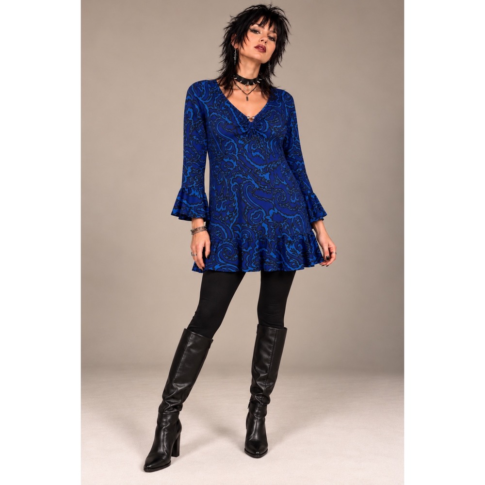 INC International Concepts Petite Blue Paisley Bell Sleeve Ruffle Tunic Dress L